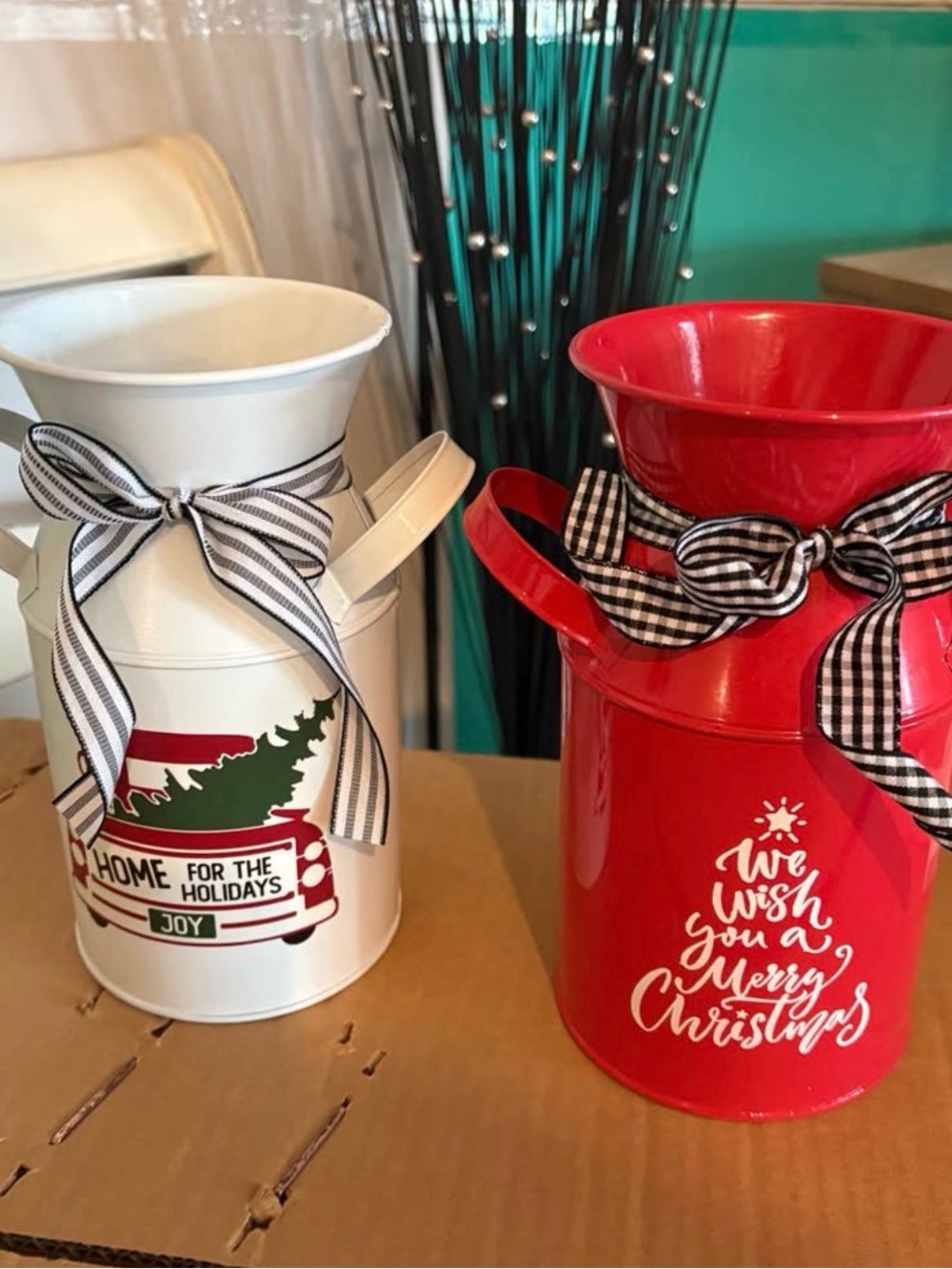 Holiday Metal Milk Can Vase - Red and White